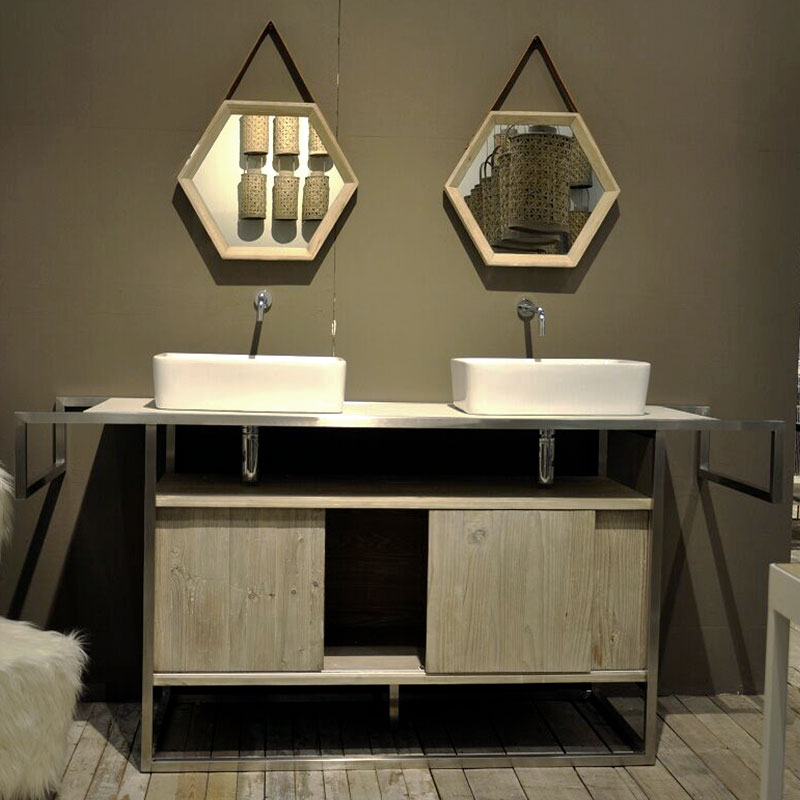 Meuble salle de bains en bois massif 185 cm, double vasque, Atelier