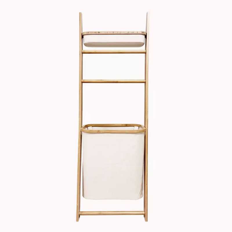 Echelle porte-objets avec panier à linge écru, Bambou