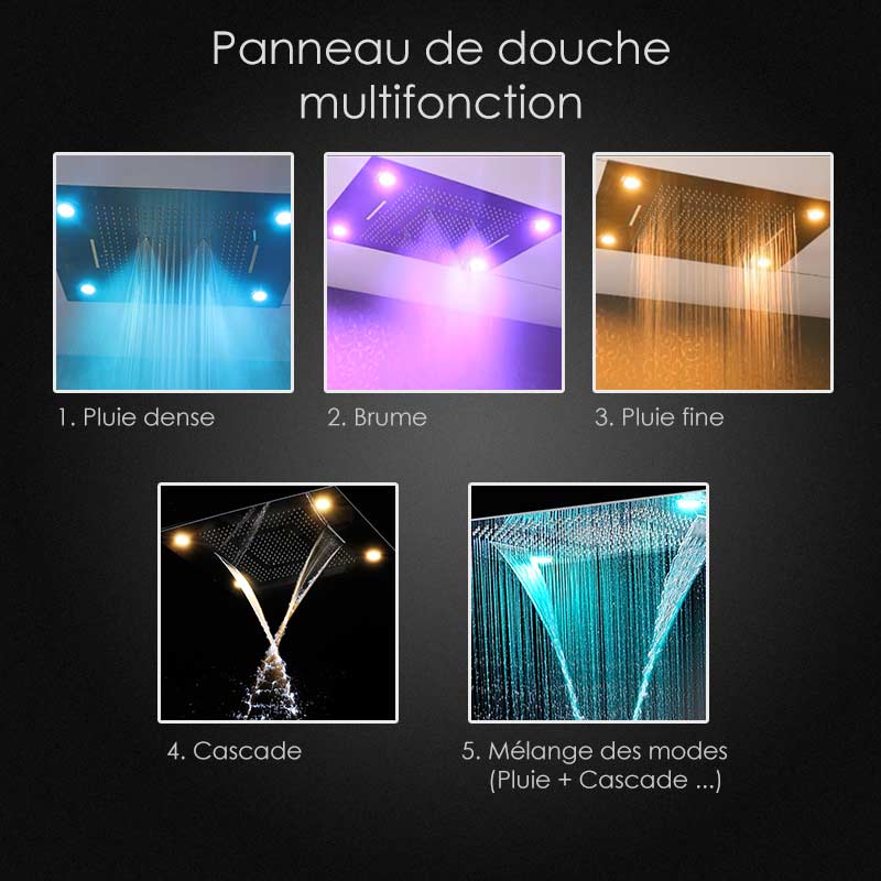 Composition de douche thermostatique, ciel de pluie 80x60 cm avec chromothérapie, Colours