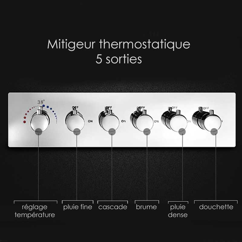 Composition de douche thermostatique, ciel de pluie 80x60 cm avec chromothérapie, Colours