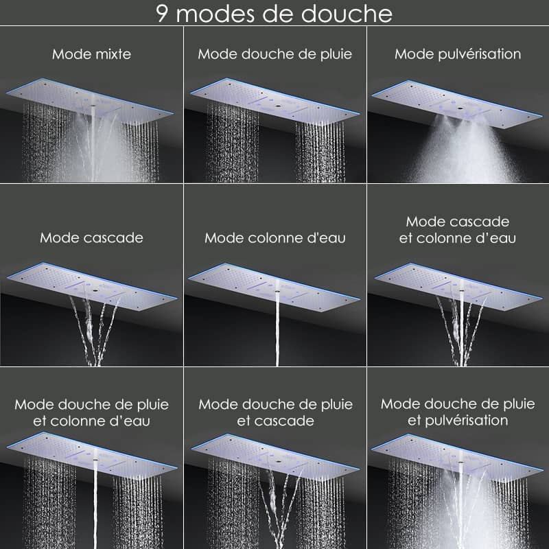 Douche thermostatique 5 voies, ciel de pluie 90x30 cm, Couleurs et musique
