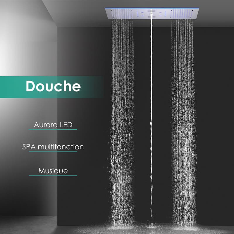 Douche thermostatique 5 voies, ciel de pluie 90x30 cm, Couleurs et musique