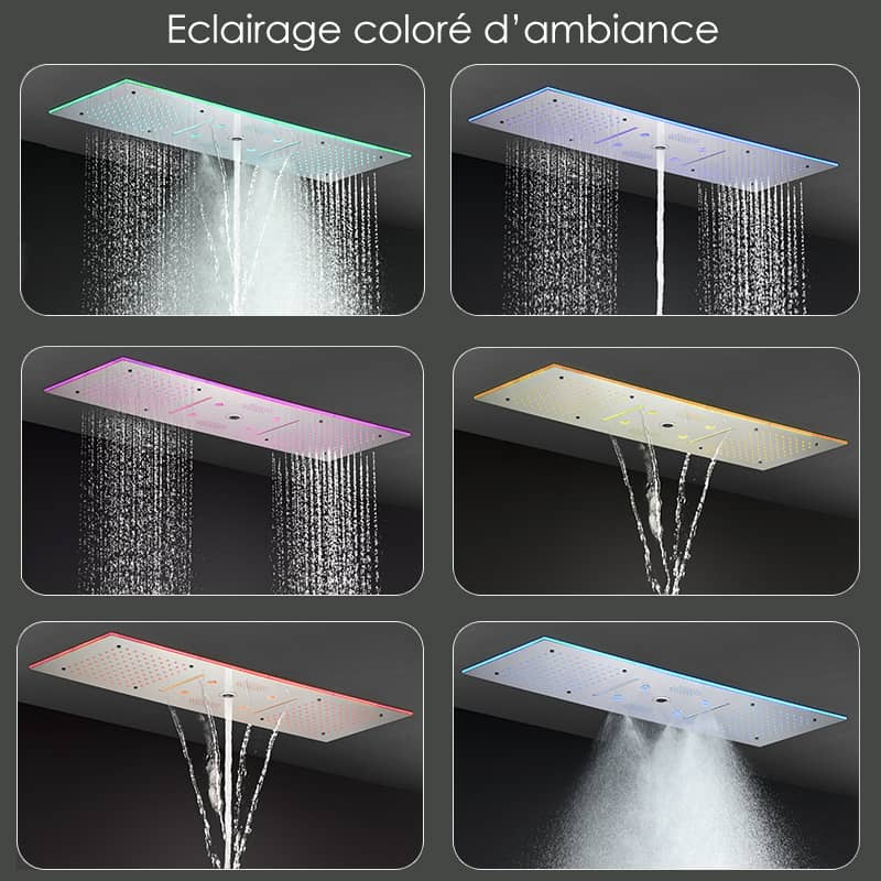 Douche thermostatique 5 voies, ciel de pluie 90x30 cm, Couleurs et musique