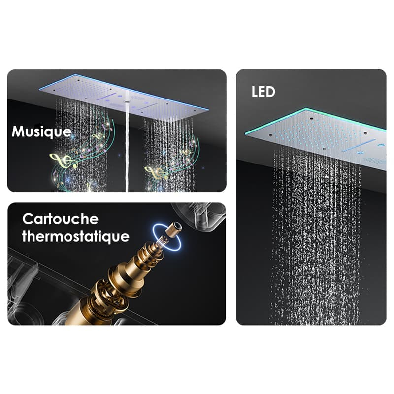 Douche thermostatique 5 voies, ciel de pluie 90x30 cm, Couleurs et musique