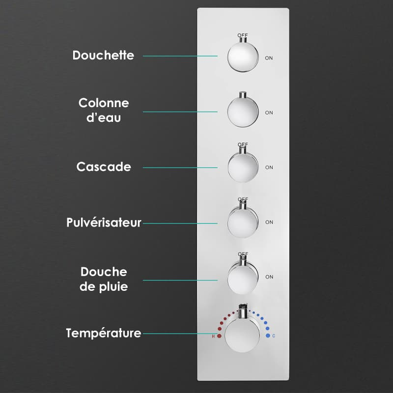 Douche thermostatique 5 voies, ciel de pluie 90x30 cm, Couleurs et musique