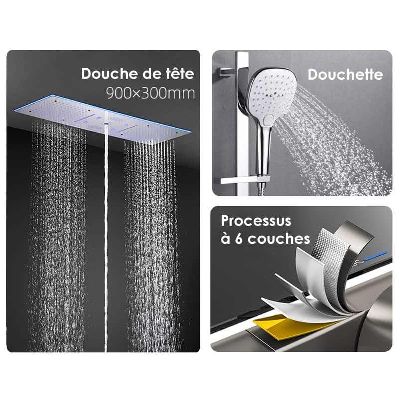 Douche thermostatique 5 voies, ciel de pluie 90x30 cm, Couleurs et musique