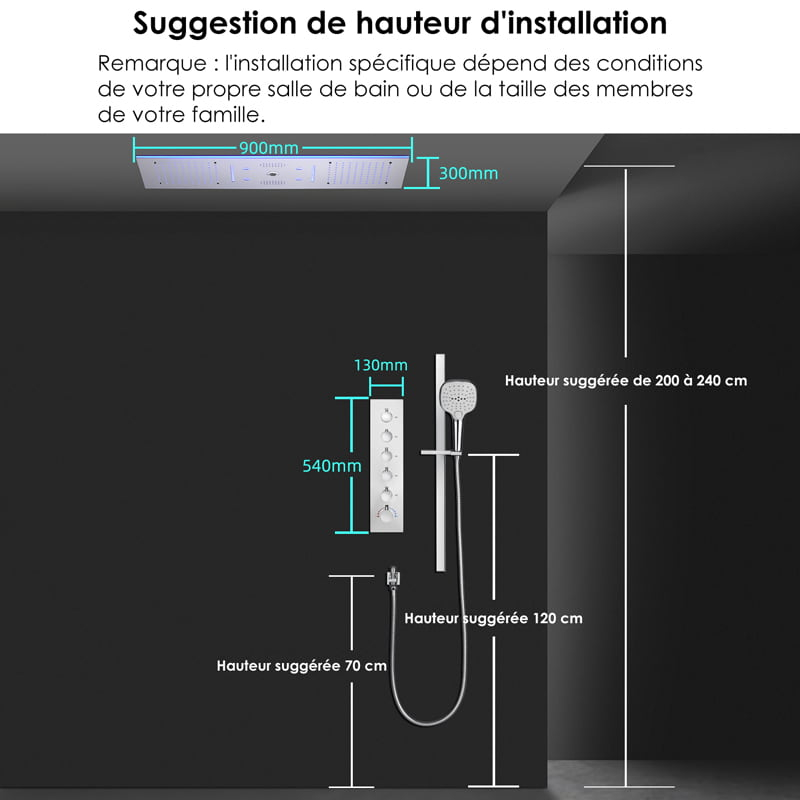 Douche thermostatique 5 voies, ciel de pluie 90x30 cm, Couleurs et musique