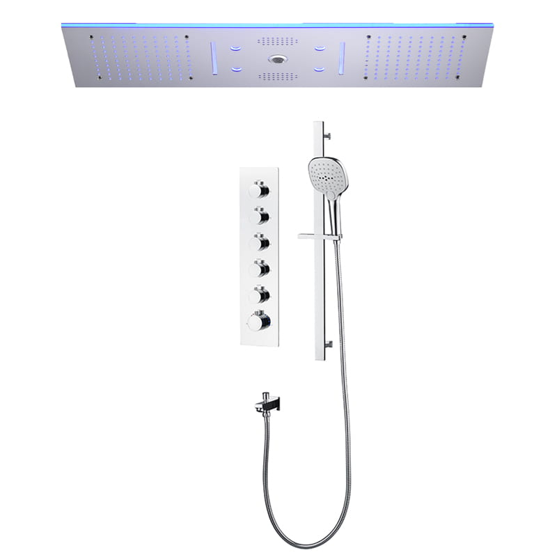 Douche thermostatique 5 voies, ciel de pluie 90x30 cm, Couleurs et musique