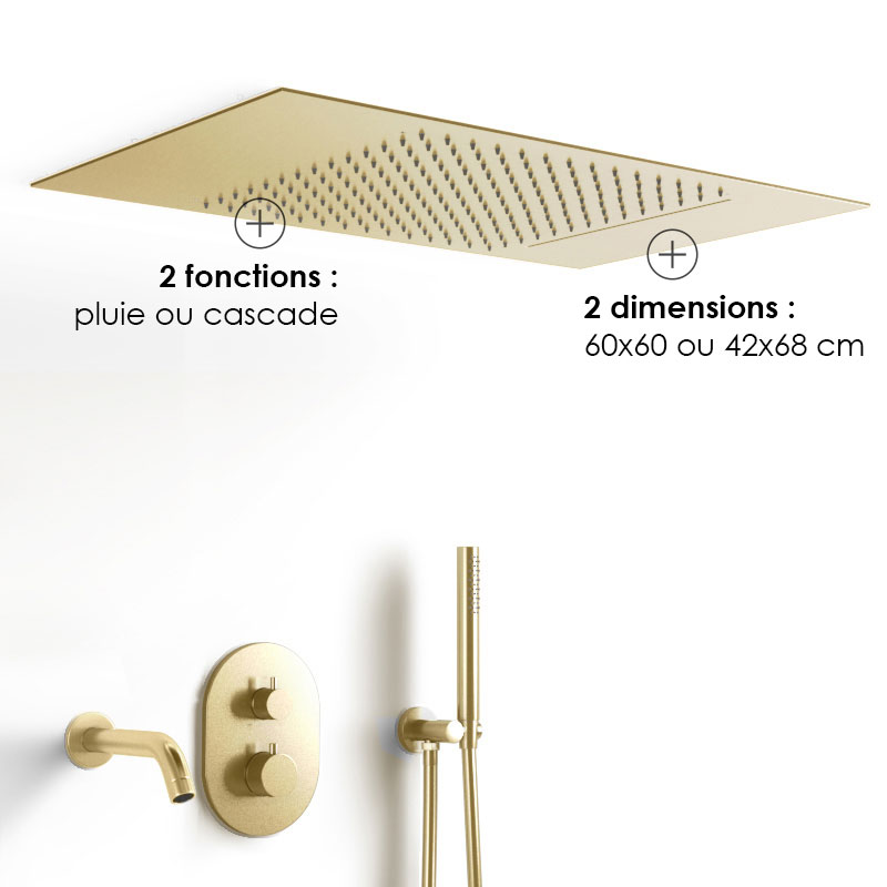 Composition bain-douche thermostatique avec ciel de pluie encastré doré brossé, Châtelet