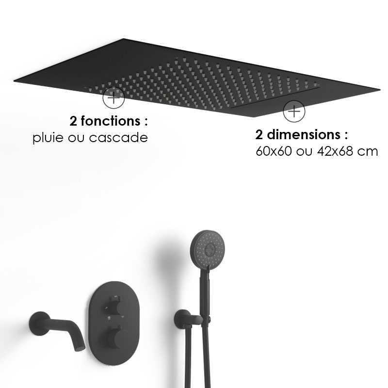 Composition bain-douche thermostatique avec ciel de pluie encastré noir mat, Châtelet