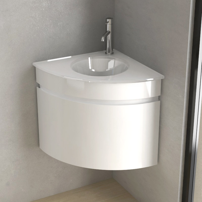 Lave-main d'angle avec plan-vasque en verre et rangement, 51x51 cm, Corner