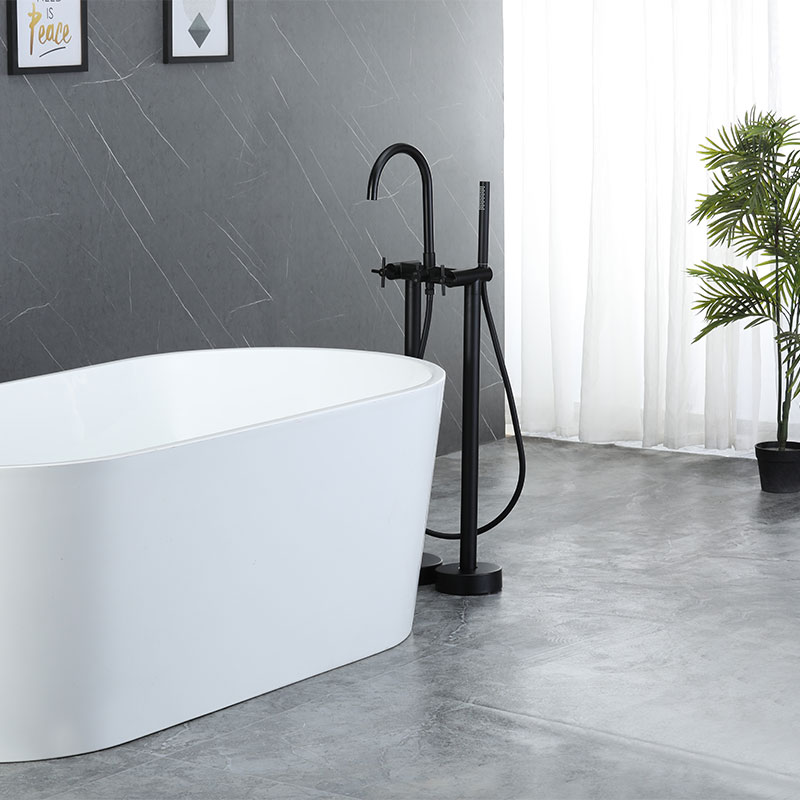 Robinet mélangeur de baignoire au sol et douchette, noir mat, Cross II