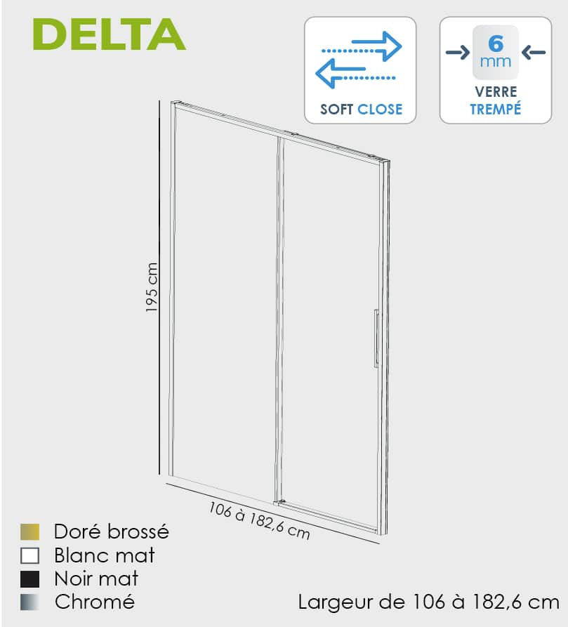 Porte de douche coulissante sur mesure, de 106 à 182.6cm, profilé doré mat, Delta