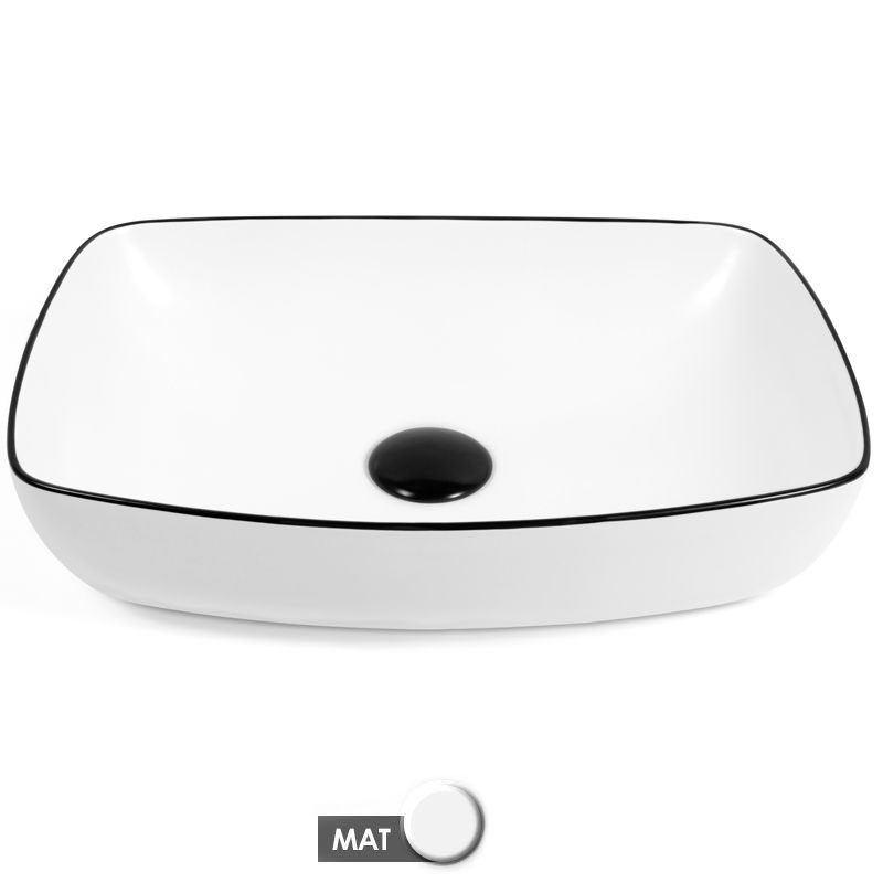Vasque à poser 58 x 41 cm rectangulaire, céramique, Blanc mat et liseré noir, made in France, Fil