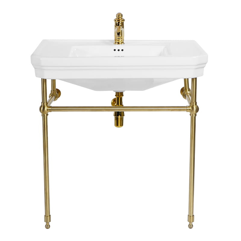 Lavabo console simple, 1 trou, pieds doré brossé, 81 cm, 1920