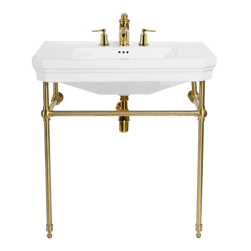 Lavabo console simple, 3 trous, pieds doré brossé, 81 cm, 1920