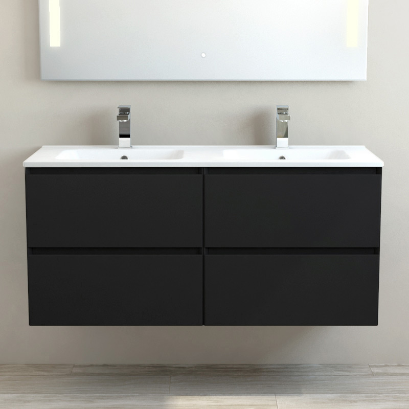 Meuble suspendu double vasque céramique 120 cm, noir mat, One