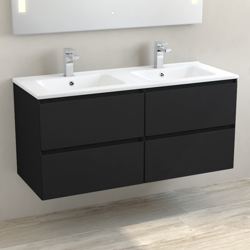 Meuble suspendu double vasque céramique 120 cm, noir mat, One