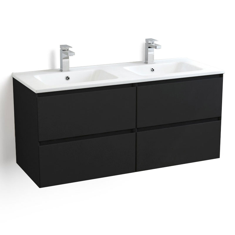Meuble suspendu double vasque céramique 120 cm, noir mat, One