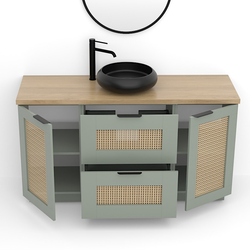 Meuble  Cannage en rotin, 140cm, Vert argile, plateau effet chêne clair, Alma
