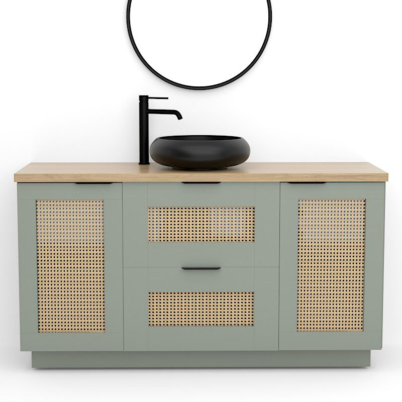 Meuble  Cannage en rotin, 140cm, Vert argile, plateau effet chêne clair, Alma