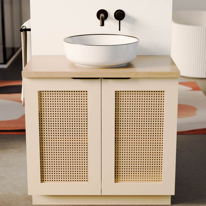 Meuble Cannage en rotin 80 cm, beige, plan imitation chêne clair, Alma
