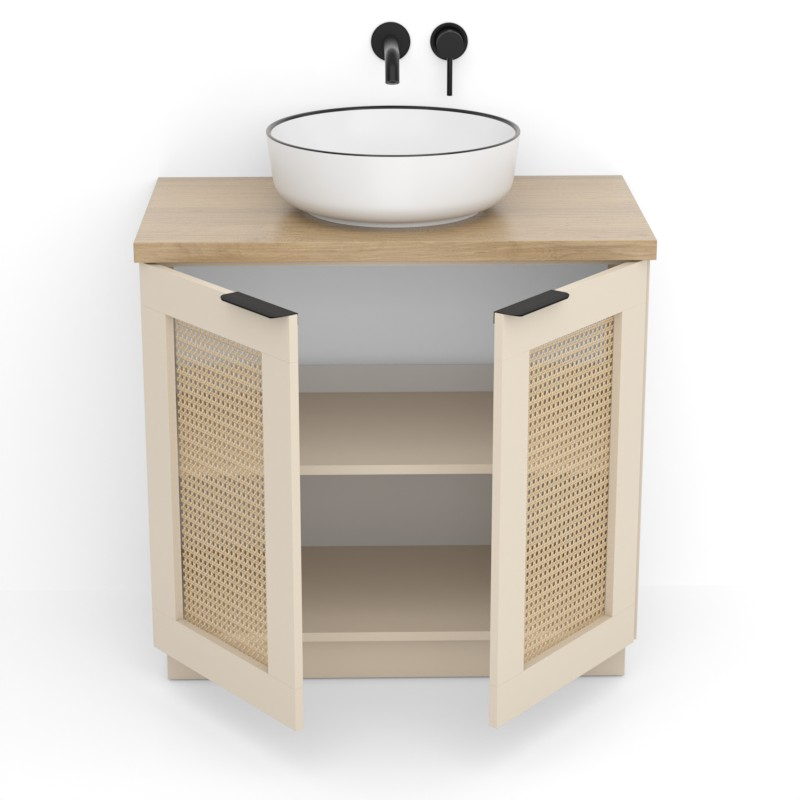 Meuble Cannage en rotin 80 cm, beige, plan imitation chêne clair, Alma
