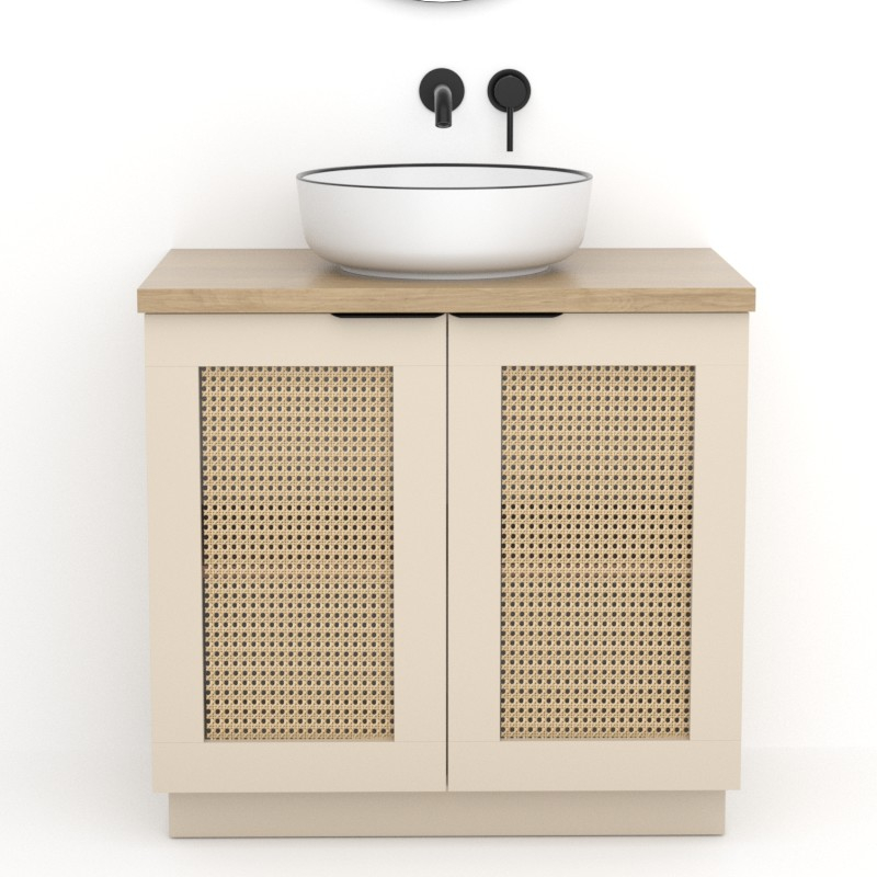 Meuble Cannage en rotin 80 cm, beige, plan imitation chêne clair, Alma