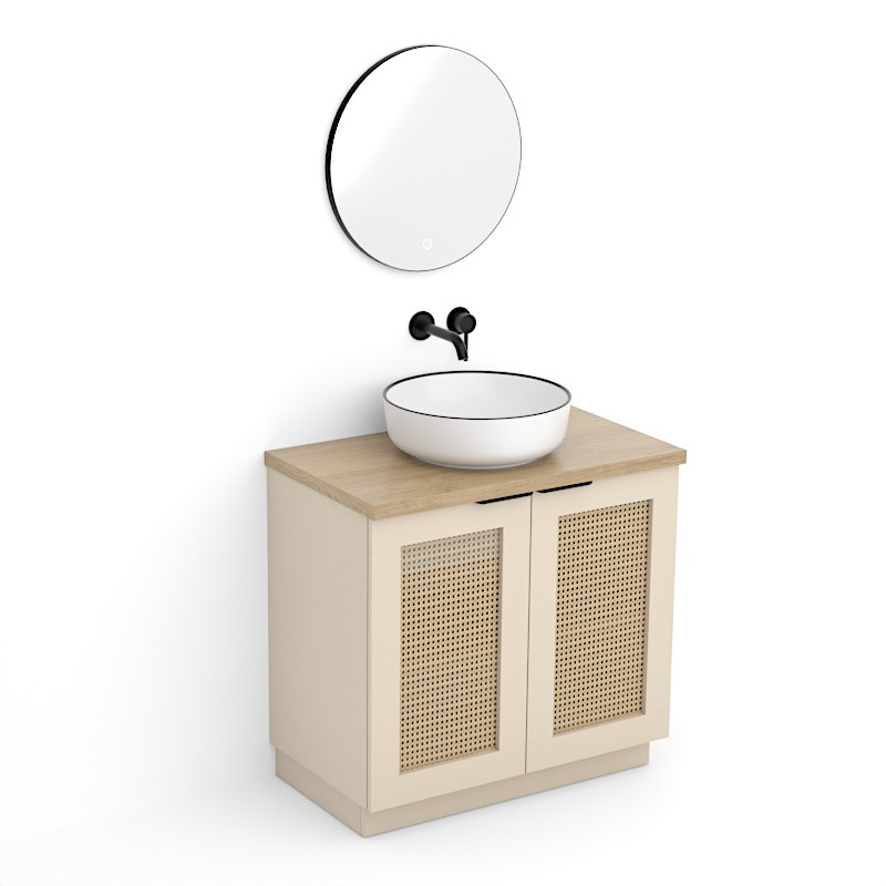 Meuble Cannage en rotin 80 cm, beige, plan imitation chêne clair, Alma