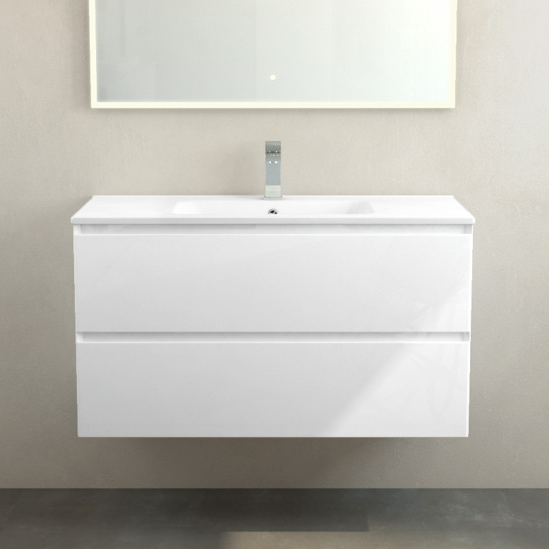 Meuble suspendu 100cm et plan vasque céramique, 2 tiroirs, blanc brillant, One