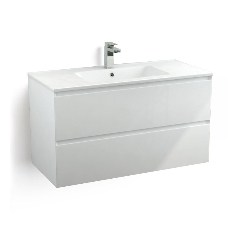 Meuble suspendu 100cm et plan vasque céramique, 2 tiroirs, blanc brillant, One