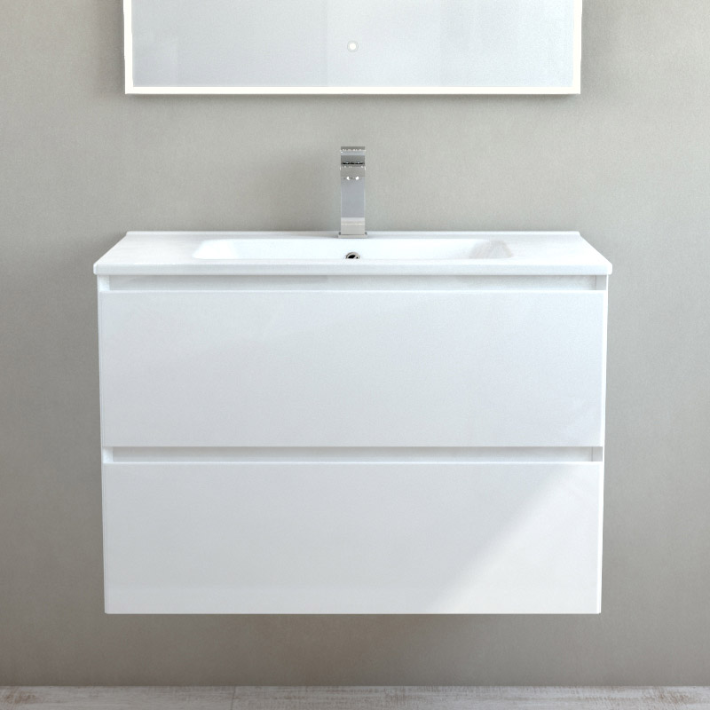 Meuble suspendu 80cm et plan vasque céramique, 2 tiroirs, blanc brillant, One