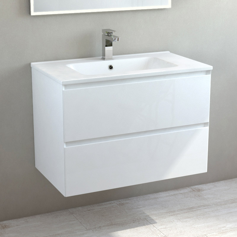 Meuble suspendu 80cm et plan vasque céramique, 2 tiroirs, blanc brillant, One