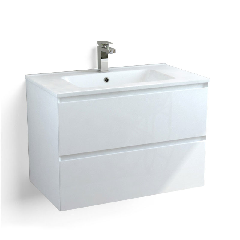 Meuble suspendu 80cm et plan vasque céramique, 2 tiroirs, blanc brillant, One