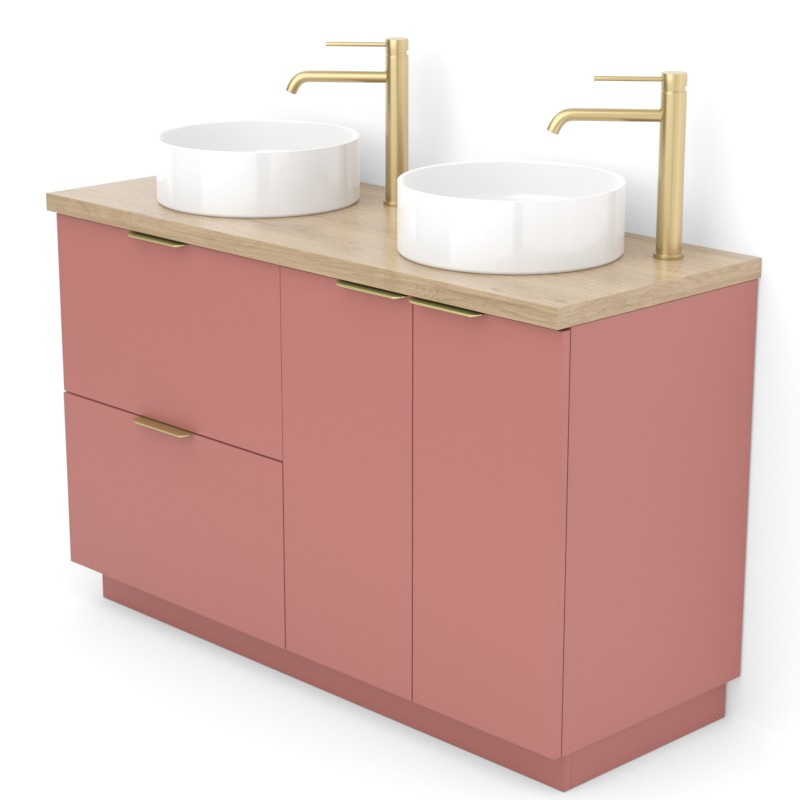 Meuble 120 cm Rouge argile, plan aspect chêne clair, 2 tiroirs et 2 portes Alma