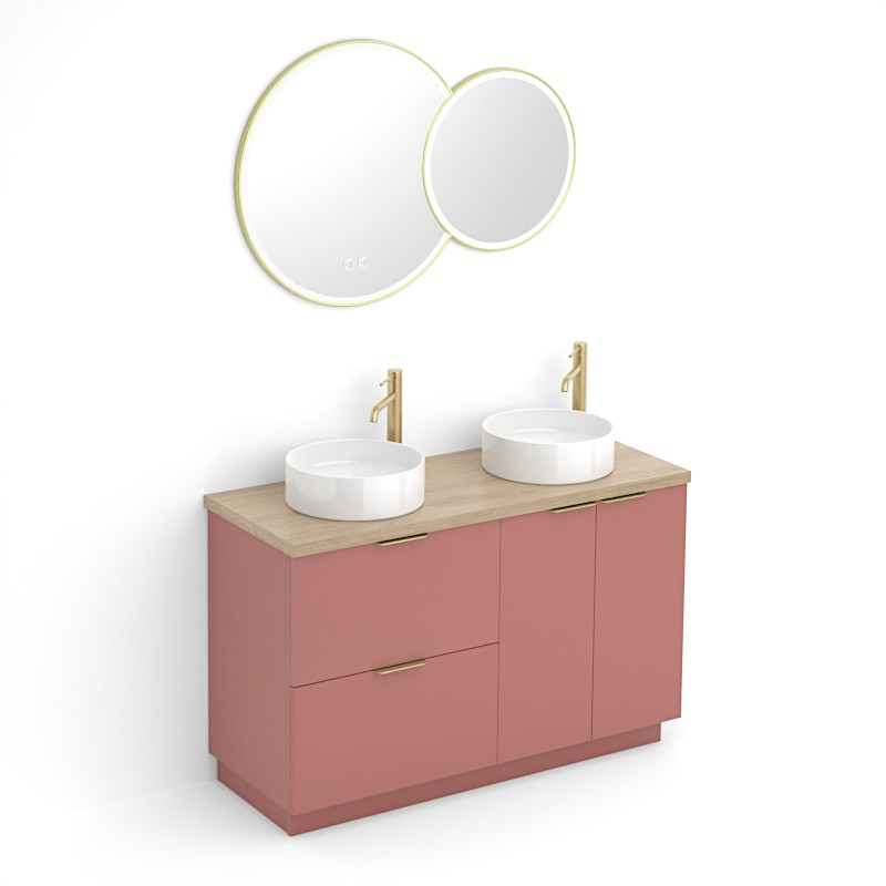 Meuble 120 cm Rouge argile, plan aspect chêne clair, 2 tiroirs et 2 portes Alma