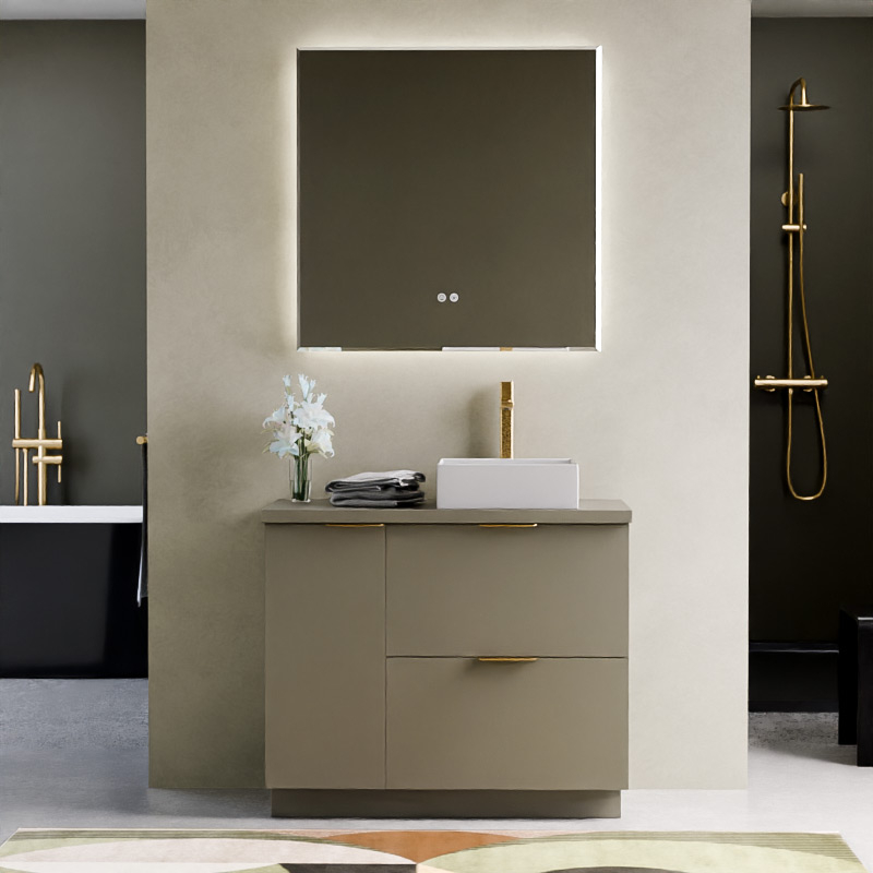 Meuble à poser 90 cm, vert olive avec poignées doré brossé, Alma