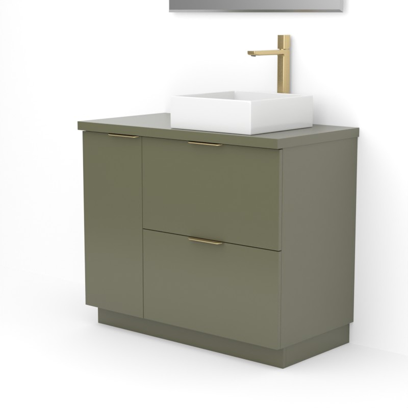 Meuble à poser 90 cm, vert olive avec poignées doré brossé, Alma