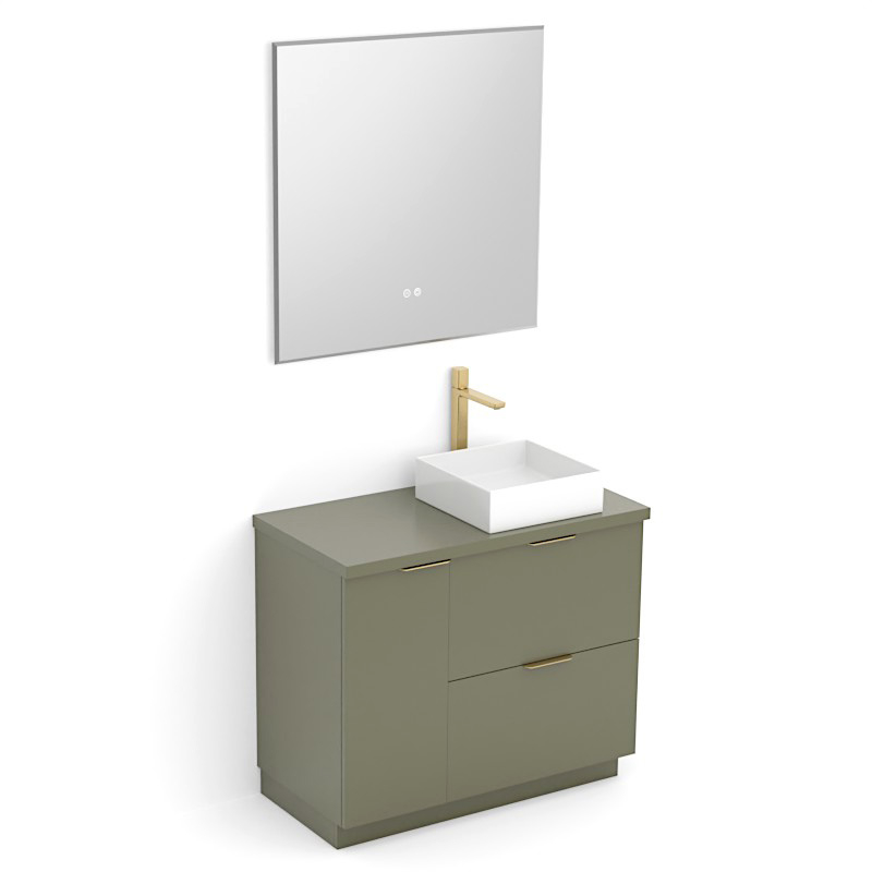 Meuble à poser 90 cm, vert olive avec poignées doré brossé, Alma