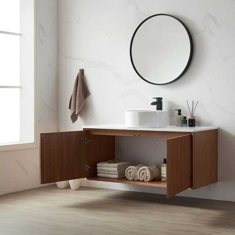 Meuble suspendu cannelé 120 cm, bois massif, 2 portes  avec plan composite minéral blanc satiné, Carnac