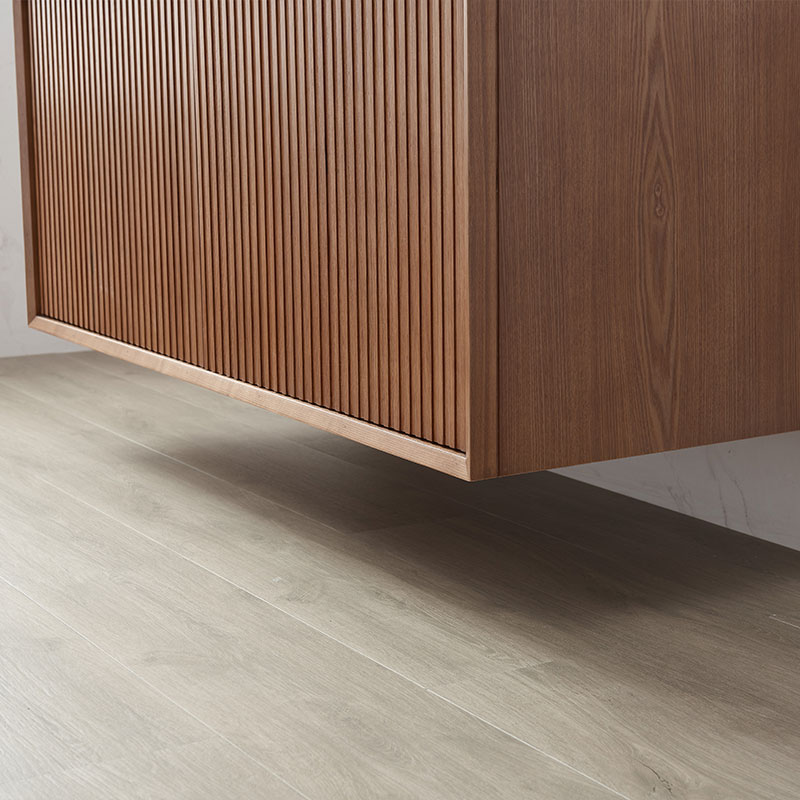 Meuble suspendu cannelé 120 cm, bois massif, 2 portes  avec plan composite minéral blanc satiné, Carnac