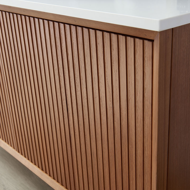 Meuble suspendu cannelé 120 cm, bois massif, 2 portes  avec plan composite minéral blanc satiné, Carnac