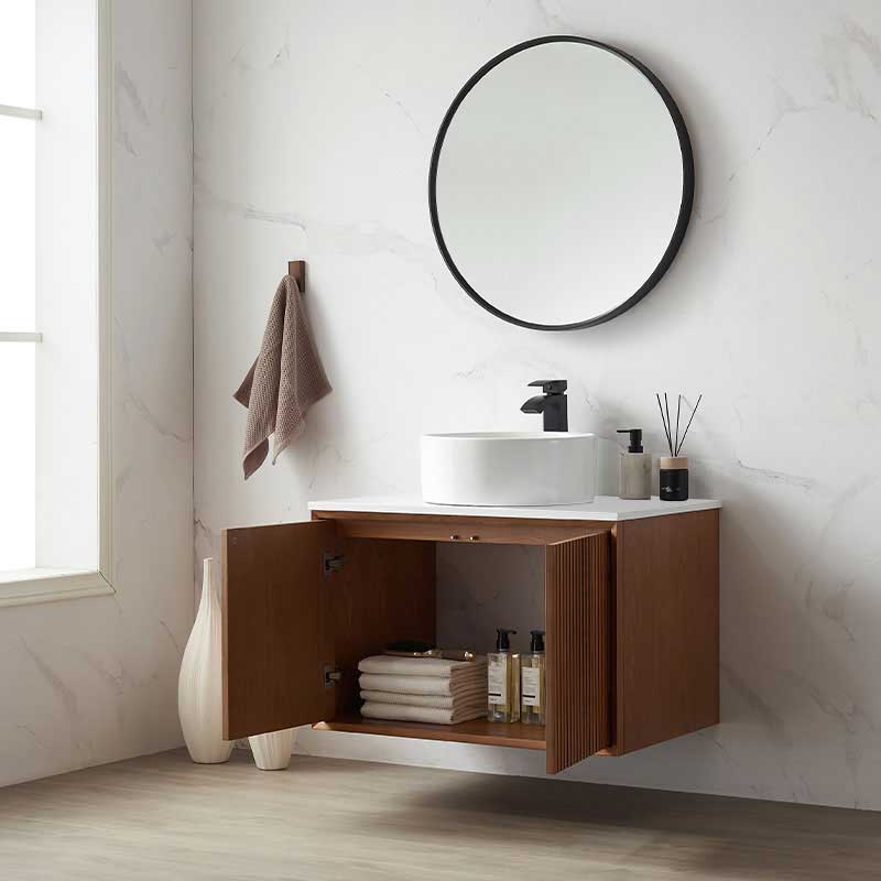 Meuble suspendu cannelé 80 cm, bois massif, 2 portes avec plan composite minéral blanc satiné, Carnac