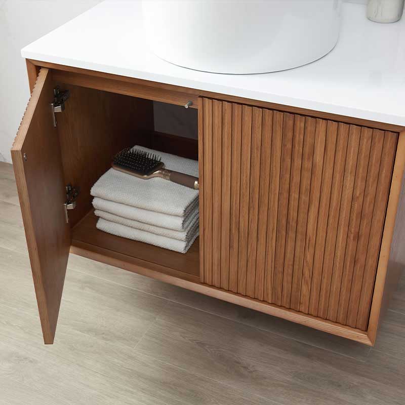Meuble suspendu cannelé 80 cm, bois massif, 2 portes avec plan composite minéral blanc satiné, Carnac