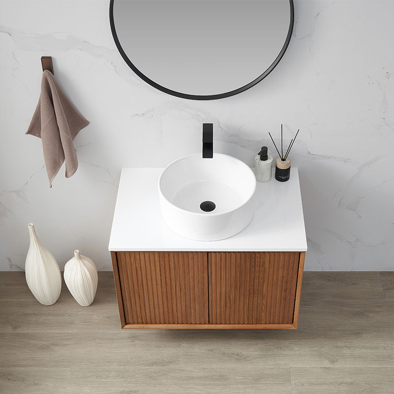 Meuble suspendu cannelé 80 cm, bois massif, 2 portes avec plan composite minéral blanc satiné, Carnac