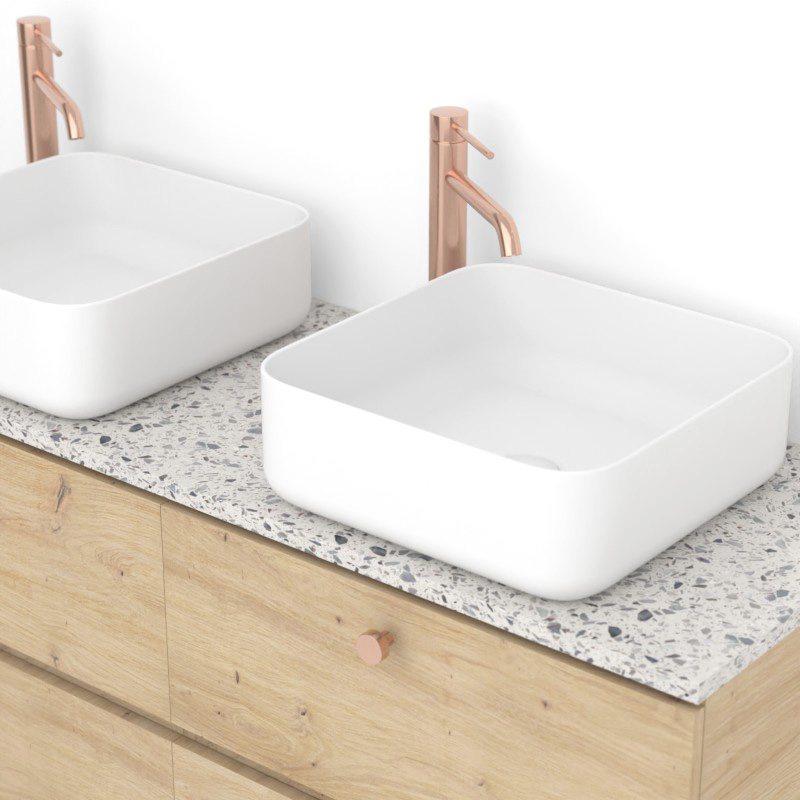 Meuble sur pieds 120 cm pour vasque à poser , Amazonia et Plan Terrazzo Kala White Caruso