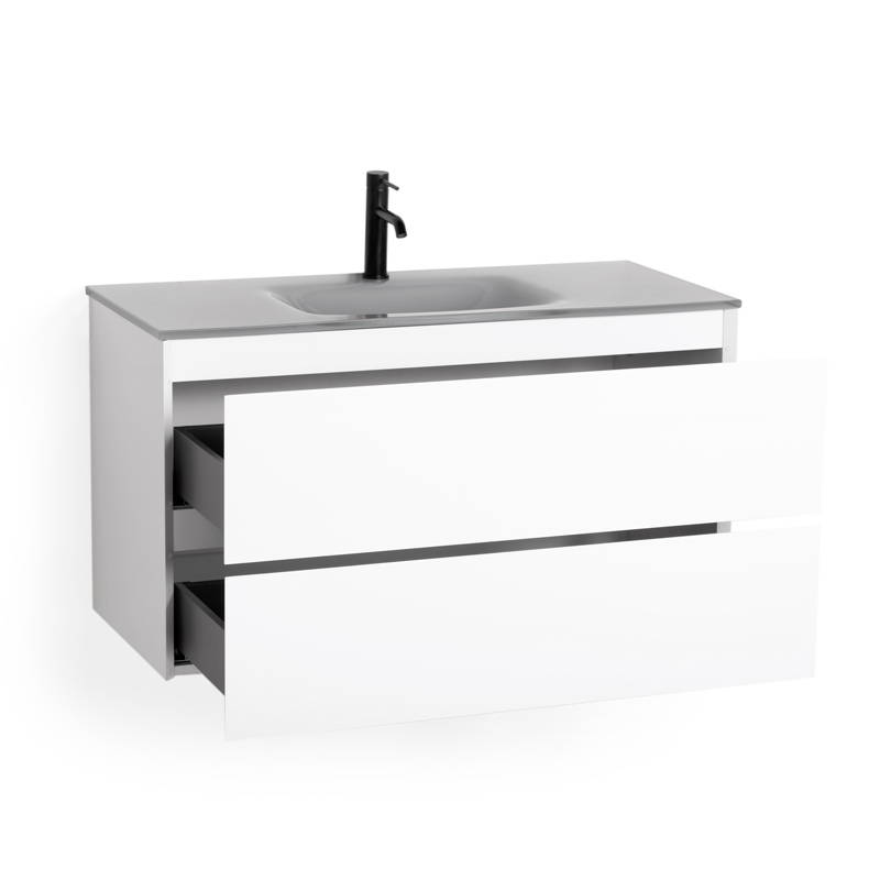 Meuble suspendu 100cm blanc mat et plan vasque verre gris 100 cm, One