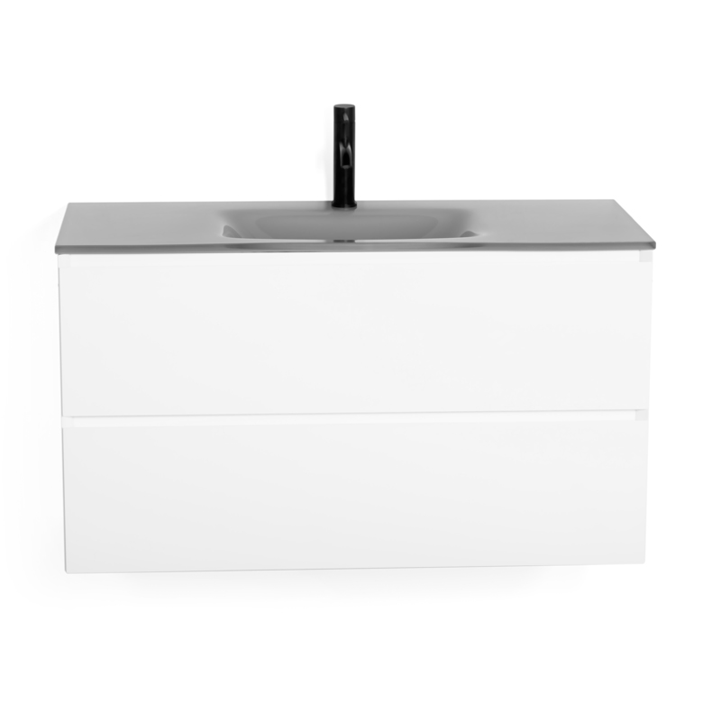 Meuble suspendu 100cm blanc mat et plan vasque verre gris 100 cm, One