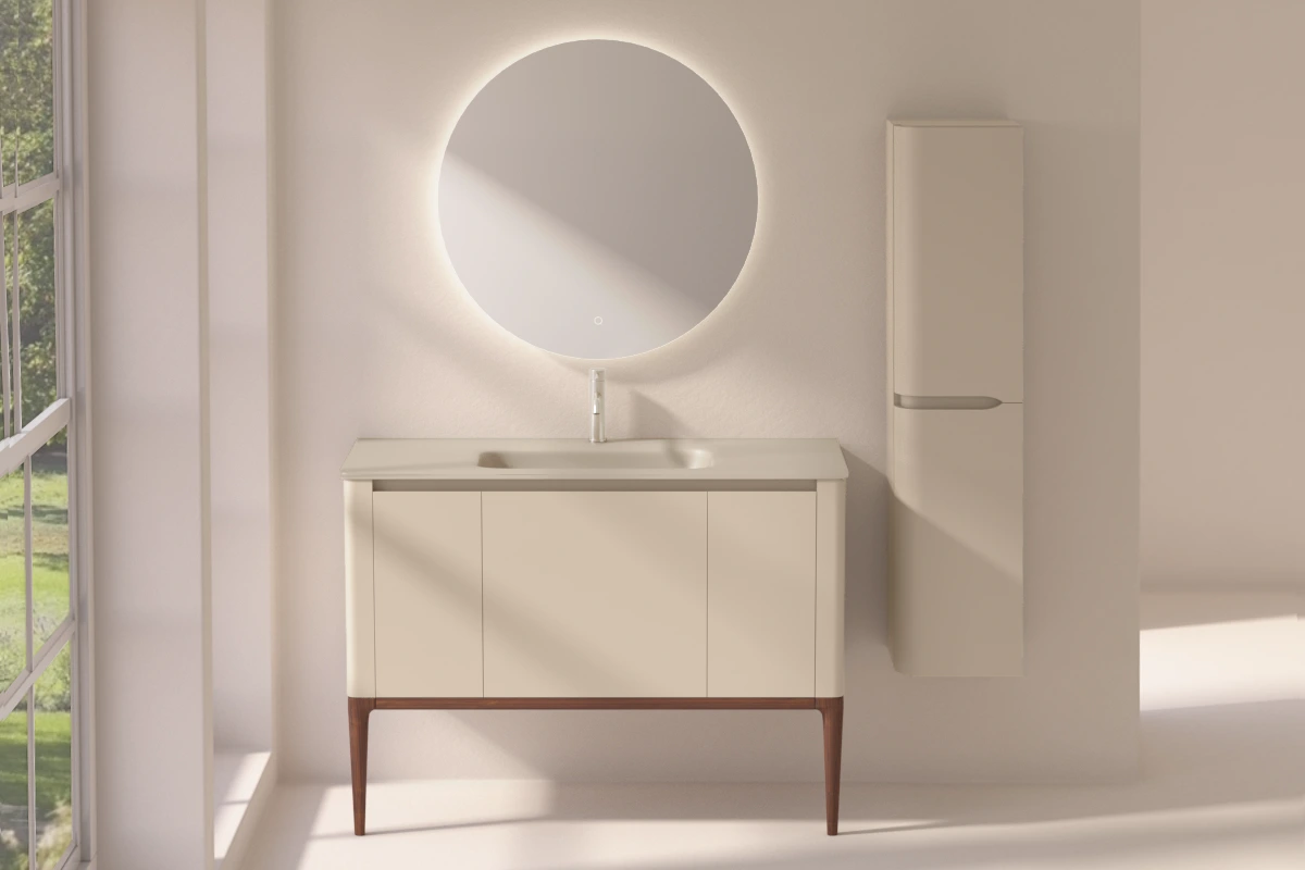 Meuble à poser beige, 120 cm, avec plan vasque encastré en verre, Panthéon