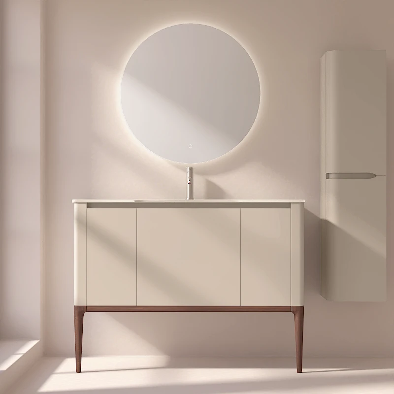 Meuble à poser beige, 120 cm, avec plan vasque encastré en verre, Panthéon